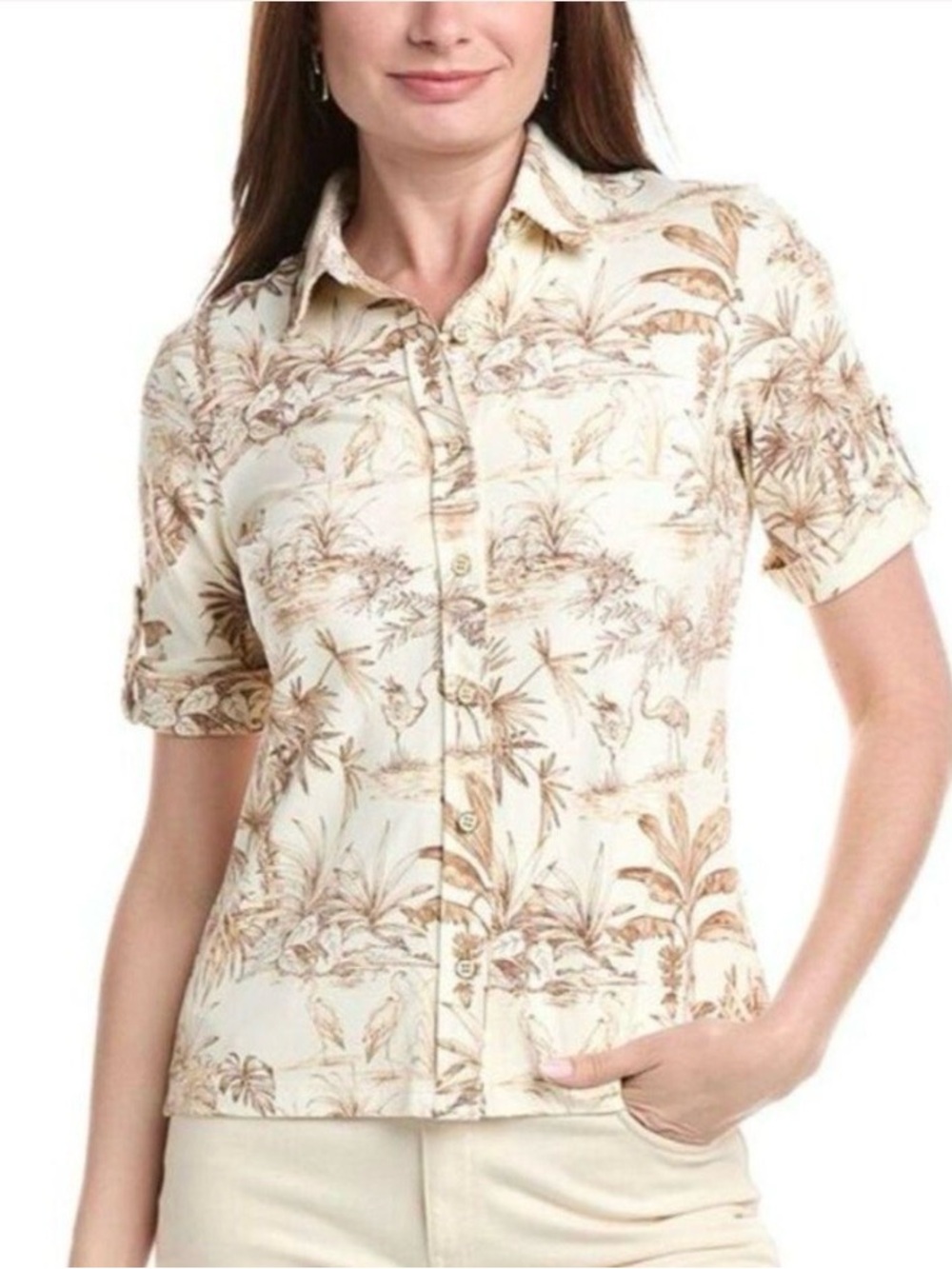 J. McLaughlin Baby pink and Brown Tropical Print Short-Sleeve Button-Down Shirt